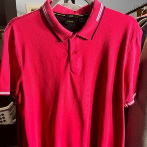 Hugo Boss Red with Contrasting Trim 100% Cotton Stretch Slim Fit Polo SZ Large